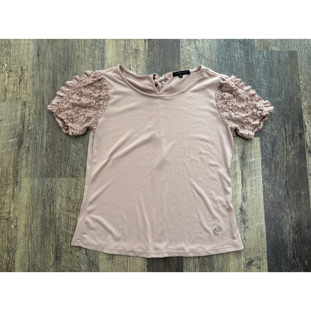 Adrienne Vittadini Pink Lace Puff Sleeve Tie Back Top Blouse VK31309 Small